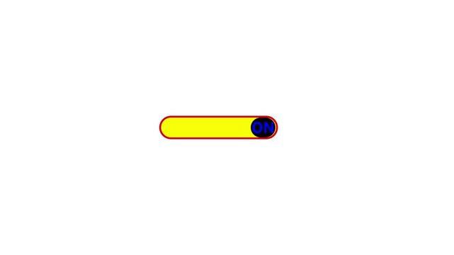 Yellow Rounded Rectangle Slider with ON Text and Blue Circle Knob on White Background switch toggle
