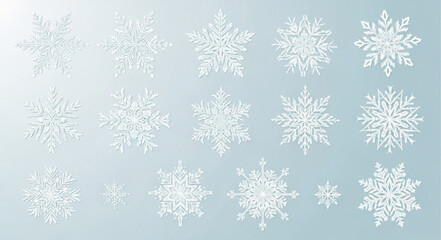 Collection of Various White Snowflakes on Light Blue Background. © Yanto