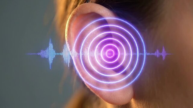 Human ear anatomy closeup sound wave hearing technology audio circle glowing neon ring medical listening health macro digital sound wave frequency research background