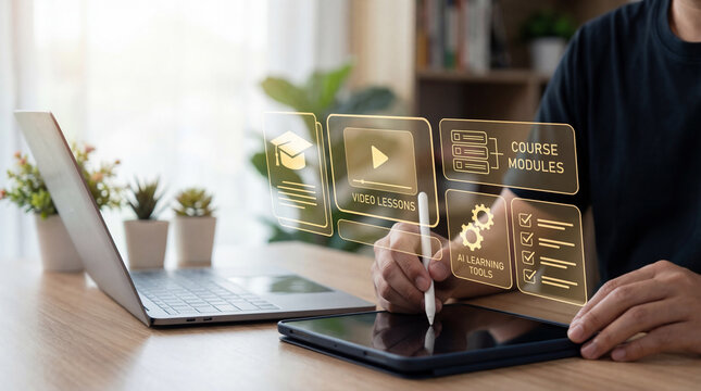 Ai online learning platform for digital education, student using tablet at home, intelligent elearning system with course assessment analytics certification and training for skill. New ai