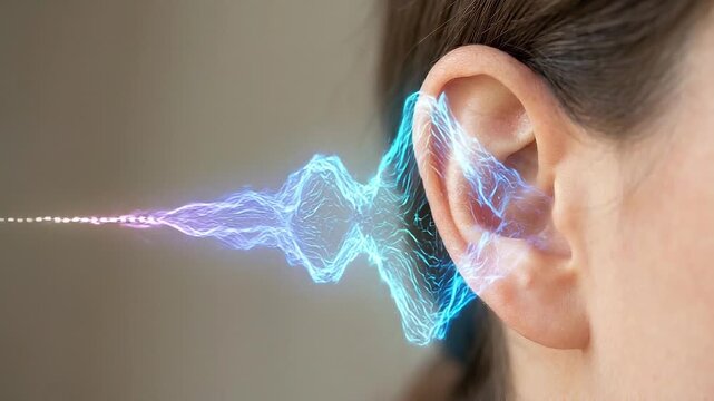 Hearing ear sound wave listening human health technology medical closeup human ear anatomy sound wave spectrum audio frequency waveform energy signal organ sense sensory hearing concept rainbow audio
