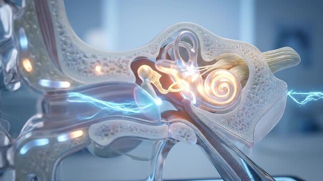 Human ear anatomy medical illustration sound wave inner ear diagram concept hearing healthcare detail educational science clinic hospital technology 3d render model transparent organ research
