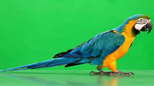 Blue-and-gold macaw walking on tabletop with blank green screen background chroma-key parrot footage

