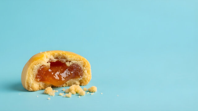Bitten Nastar Pineapple Tart with Jam Filling on Blue Background