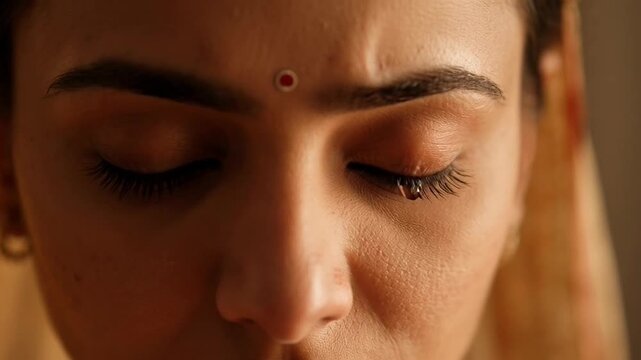 Close-up Portrait of a Woman Performing Vat Savitri Vrat Ritual with Traditional Attire and Decorative Elements