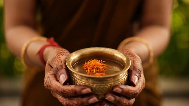 Devotee Holding Brass Pot with Marigold Flower During Vat Savitri Vrat Ritual in Traditional Attire