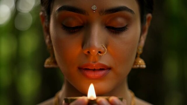 Devotional woman performing Vat Savitri Vrat ritual with traditional attire and sacred fire in a spiritual setting