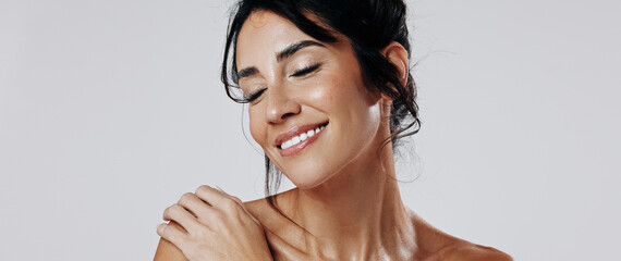 Skincare, happy or woman in studio with smooth skin, shine or glow in facial care. Wellness, space...