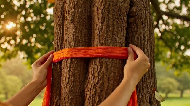 Devotee Tying Orange Cloth on Sacred Tree During Vat Savitri Vrat Ritual in Traditional Hindu Ceremony