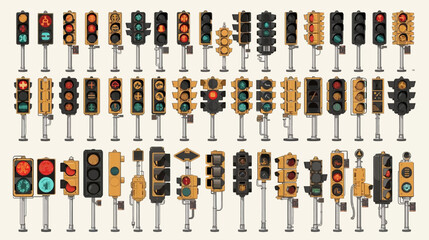 A comprehensive collection of various traffic light designs and configurations, showcasing different signals and styles.