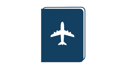 Fototapeta premium Flat vector illustration of a dark blue passport with a white airplane symbol embossed on the cover representing international travel global journeys and aviation isolated