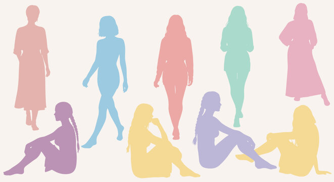 Collection of diverse female silhouettes in various poses displayed in soft pastel colors against a light neutral background representing individuality and unity in a modern