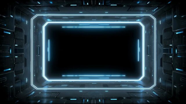 Futuristic blue HUD neon light frame with digital tech details and circular scanning interface on a dark background for scifi and cyberspace concepts.