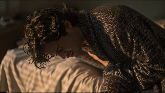 Young man in pajamas clutching his chest in pain while sitting on a bed during the morning, depicting a heart attack, chest pain, or sudden health emergency.