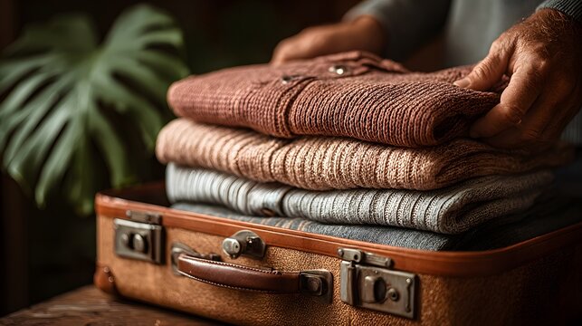Man packing folded sweaters into vintage brown leather suitcase