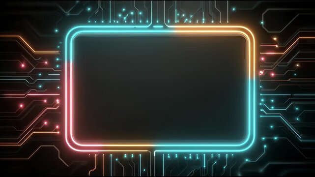 Futuristic neon circuit board animation featuring a glowing rectangular frame with moving light pulses on a dark background for tech and cyber concept mockups.