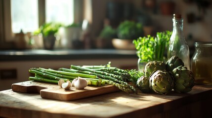 Fresh Asparagus Artichokes and Garlic Prepared for Cooking