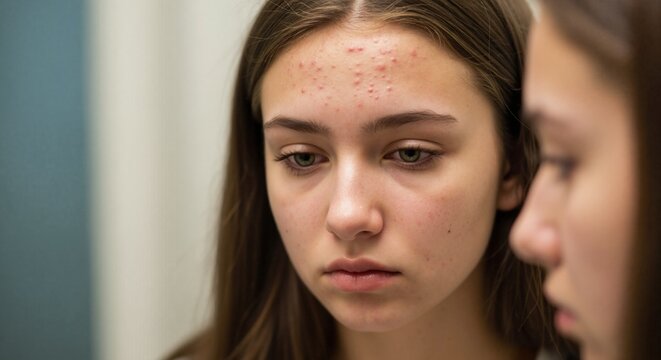 Sad teenage girl looking in mirror at acne on her forehead. Young woman with pimples and skin problems feeling insecure about her appearance