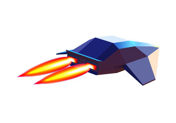 Futuristic low poly spaceship with glowing red thrusters and flame trails emits neon light, isolated on transparent background © swillklitch