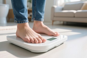 Person standing barefoot on white digital scale at home for physical therapy balance and fall prevention health check