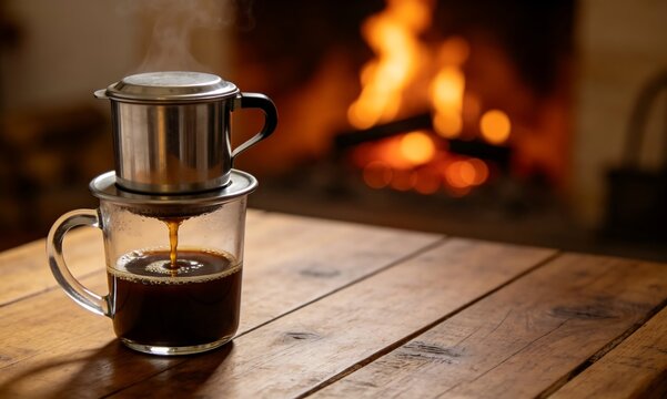 A fresh cup of dark coffee being slowly brewed in a traditional phin filter on a rustic wooden table, with the warm, inviting glow of a fireplace in the background