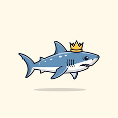 Fototapeta premium A cartoon-style shark wearing a gold crown on its head. The shark is a light blue color with a white underbelly, black outlines, and dot details