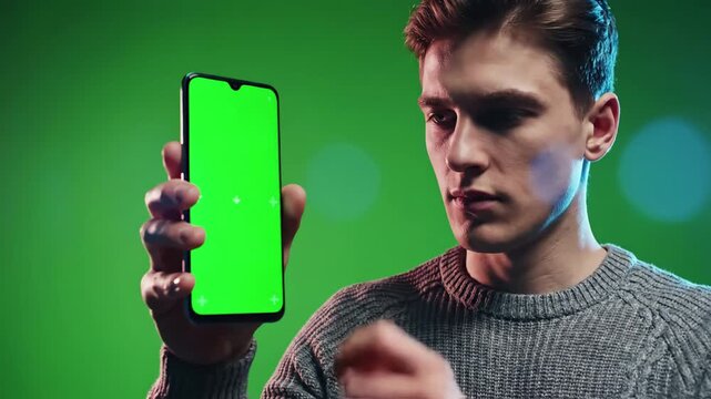 Green Screen man using smartphone in vertical mode with mock up doing swiping scrolling gestures internet social networks browsing news financial reports scene 2 distortion, overlay, glitch, static