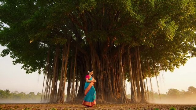 Woman Performing Vat Savitri Vrat Ritual Under Ancient Banyan Tree in Traditional Attire During Festival
