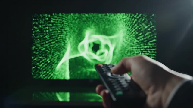 Green Screen black remote control television changing one channel scene 4 with distortion, overlay, glitch, static noise, scan lines on background, 4k animated video loop