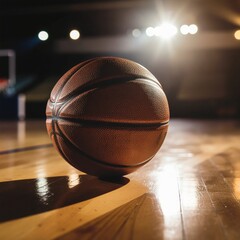 Basketball on a Polished Hardwood Court Under Bright Arena Lights Ready for Play