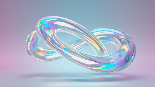 Holographic glass infinity loop abstract background with rainbow reflections and transparent futuristic structure floating in a minimal gradient environment, elegant modern design for technology. 10