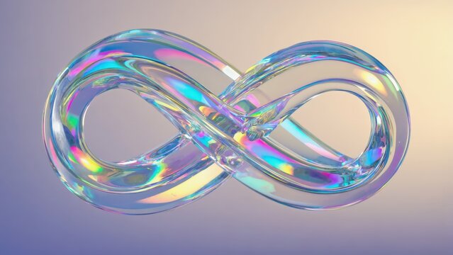 Holographic glass infinity loop abstract background with rainbow reflections and transparent futuristic structure floating in a minimal gradient environment, elegant modern design for technology. 16