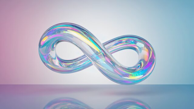 Holographic glass infinity loop abstract background with rainbow reflections and transparent futuristic structure floating in a minimal gradient environment, elegant modern design for technology 