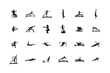 Fototapeta premium Advanced yoga and bodyweight fitness silhouettes featuring crow pose headstands and deep flexibility stretches isolated on white