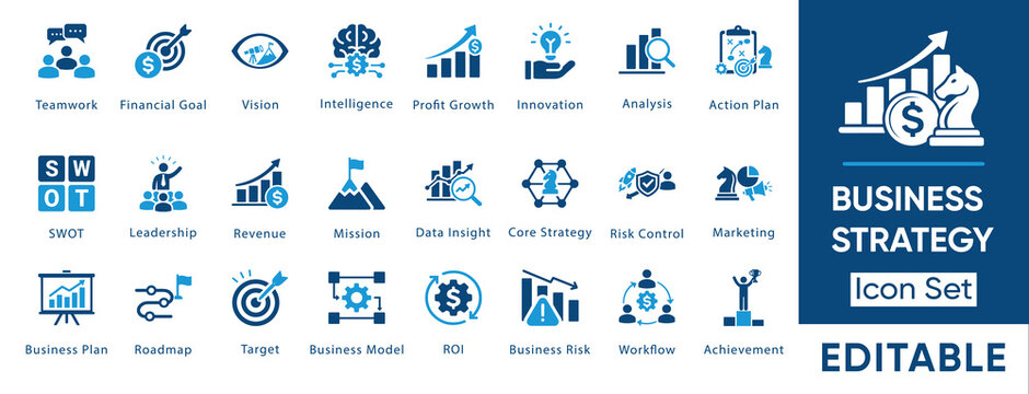 Business strategy icon set. SWOT, ROI, leadership, roadmap, mission, vision, risk control, financial goal, business model and more. Solid vector icons collection.