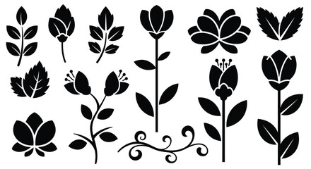 A collection of various floral designs and patterns in black and white.