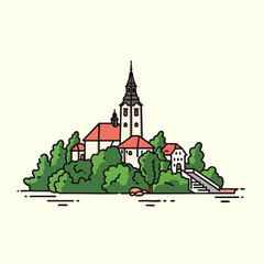 Naklejka premium A stylized illustration presents a church with a tall steeple, buildings with red roofs, surrounded by dense foliage and accessed by a staircase