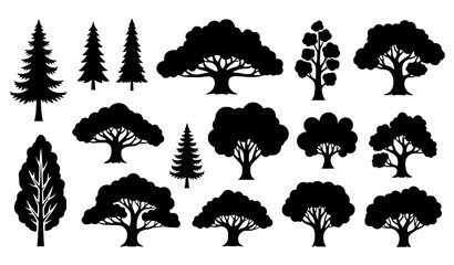 Various tree silhouettes vector collection forest plants shapes isolated on white background © Wahida