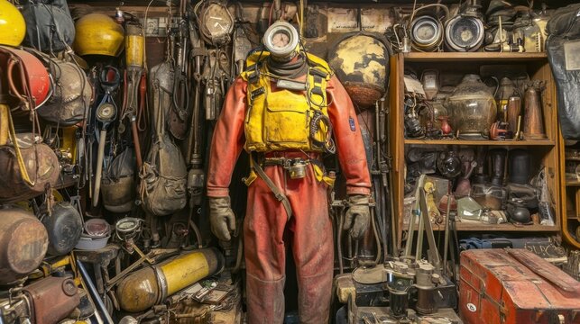 Vintage Commercial Diving Suit and Equipment Display