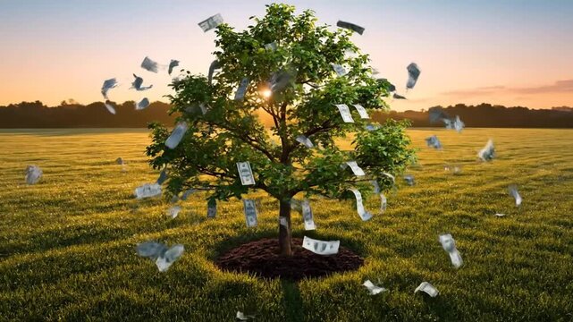 A tree grows in a field with paper money flying around it at sunset.
