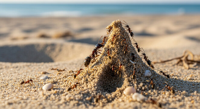 Ant colony building sand mound nest on beach close up macro nature teamwork concept