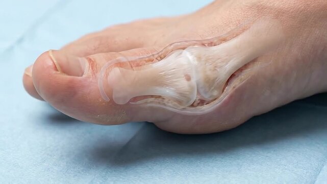 Medical foot anatomy illustration diagram shows detailed toe bone joint structure overlay patient skin surface for podiatry education orthopedic diagnosis and clinic poster blue clinical background