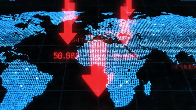 Digital world map with financial data and decreasing arrows