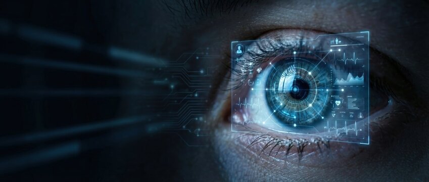 Exploring visual data analytics digital eye technology innovation hub futuristic environment close-up perspective enhanced perception insights for better decision making
