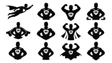 Collection of superhero silhouettes with heart emblems in various poses on white background for design © Newton