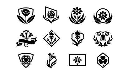 Black and white minimalist vector logo set featuring floral shields, geometric rose, lily, clover, sunflower, and nature emblem silhouette badges