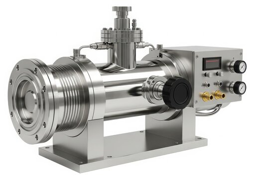 Industrial ultraviolet water purification system with stainless steel casing and digital controls isolated on white background