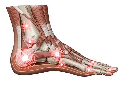 Detailed anatomical illustration of the bones and joints in a human foot isolated on white background
