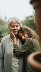 Fototapeta premium Adult daughter finding silent emotional refuge and grounding in her aging mother's steady embrace