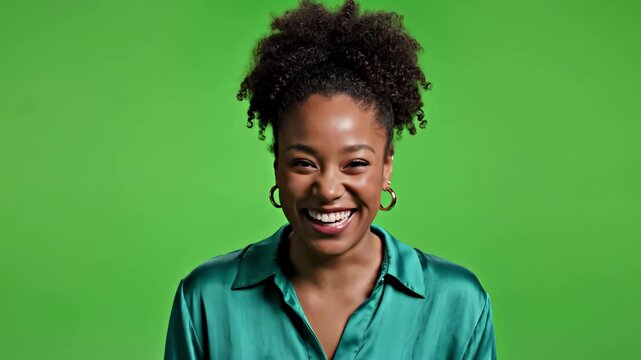 Green Screen happy laughing mixed race millennial woman talking over video chat conference call on to be keyed or composited scene 3 with distortion, overlay, glitch, static noise, scan lines black